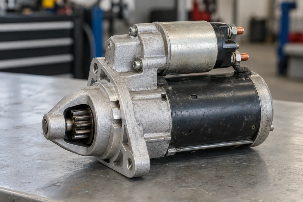 Starter motor with pinion gear and solenoid on a workshop bench