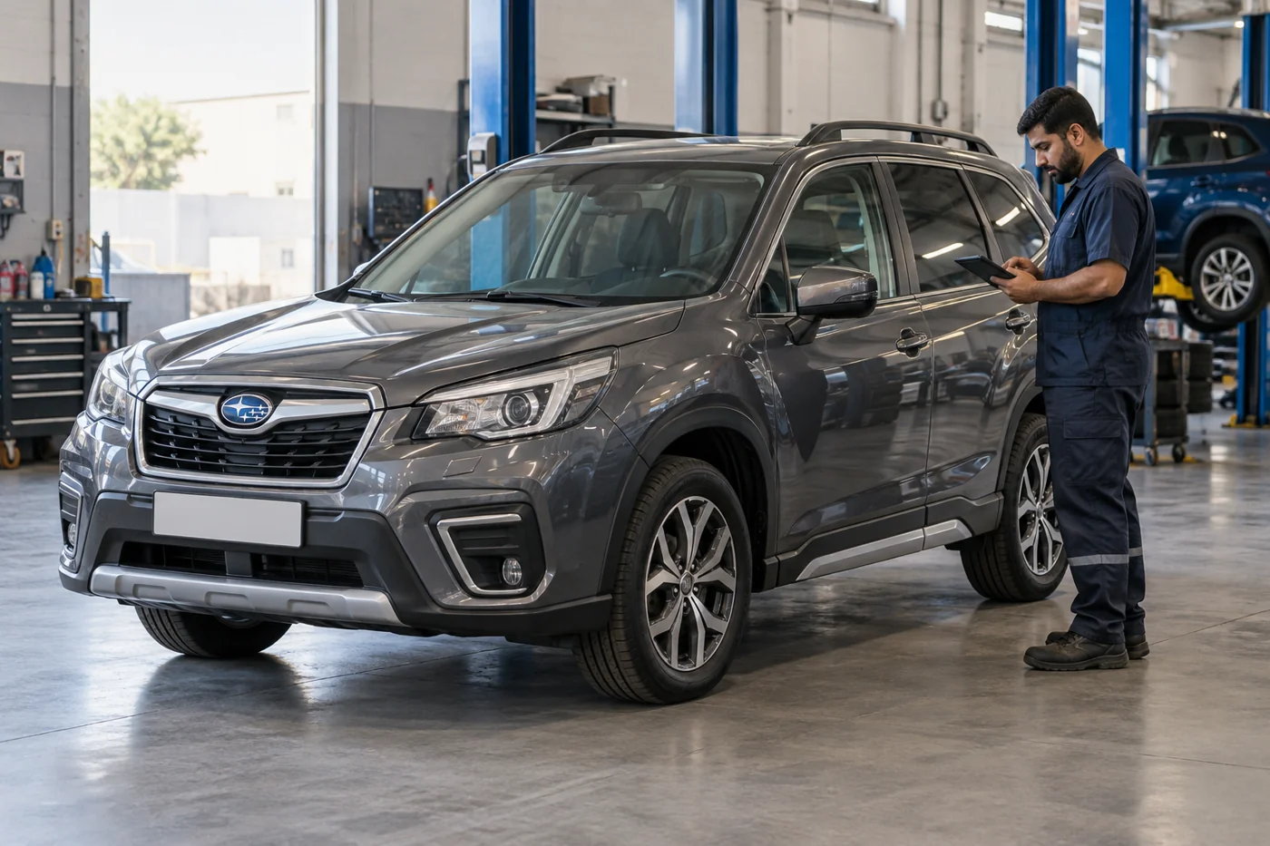 Grey Subaru Forester beside a technician holding a diagnostic tablet