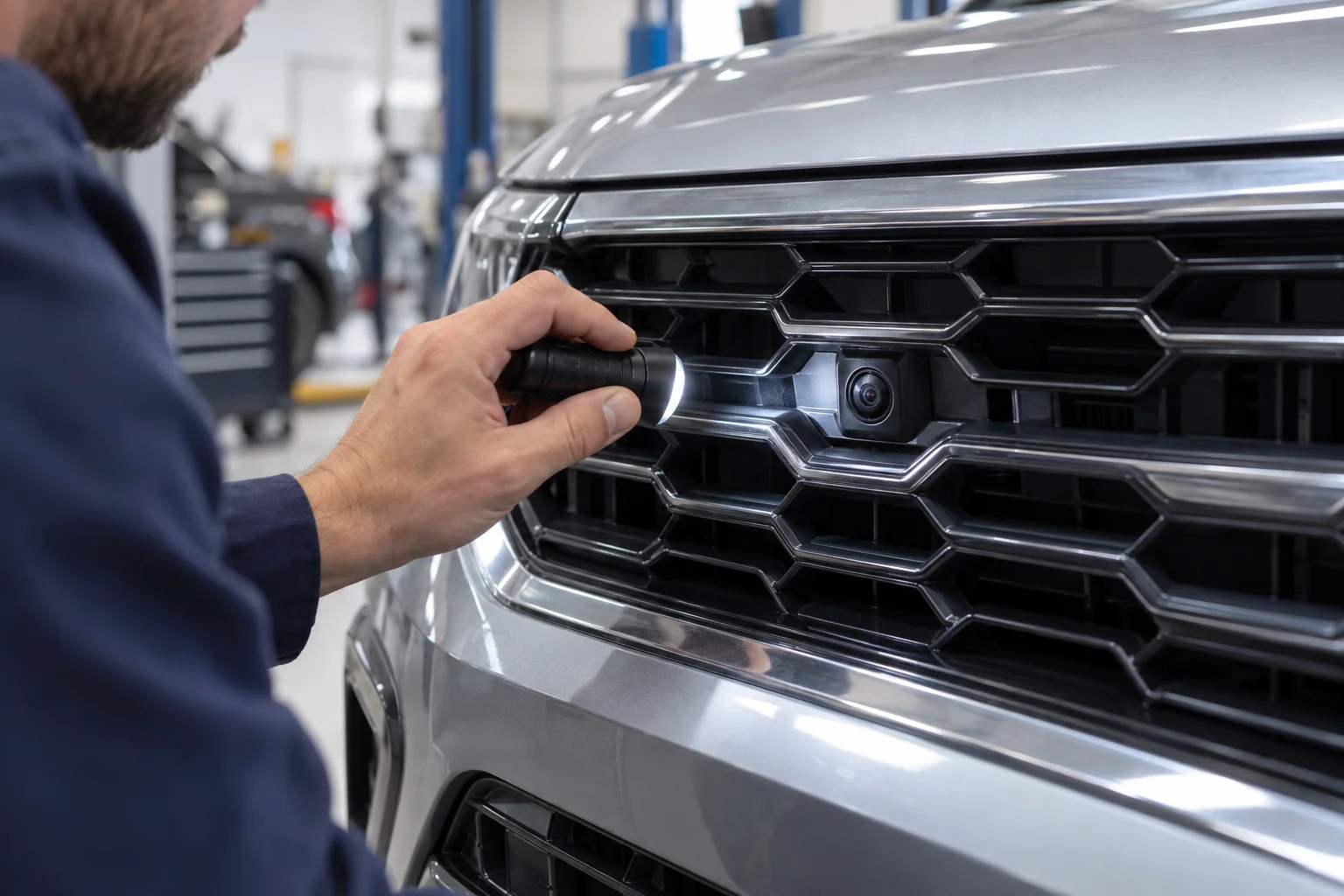 Technician inspecting a surround-view camera recessed in a front grille