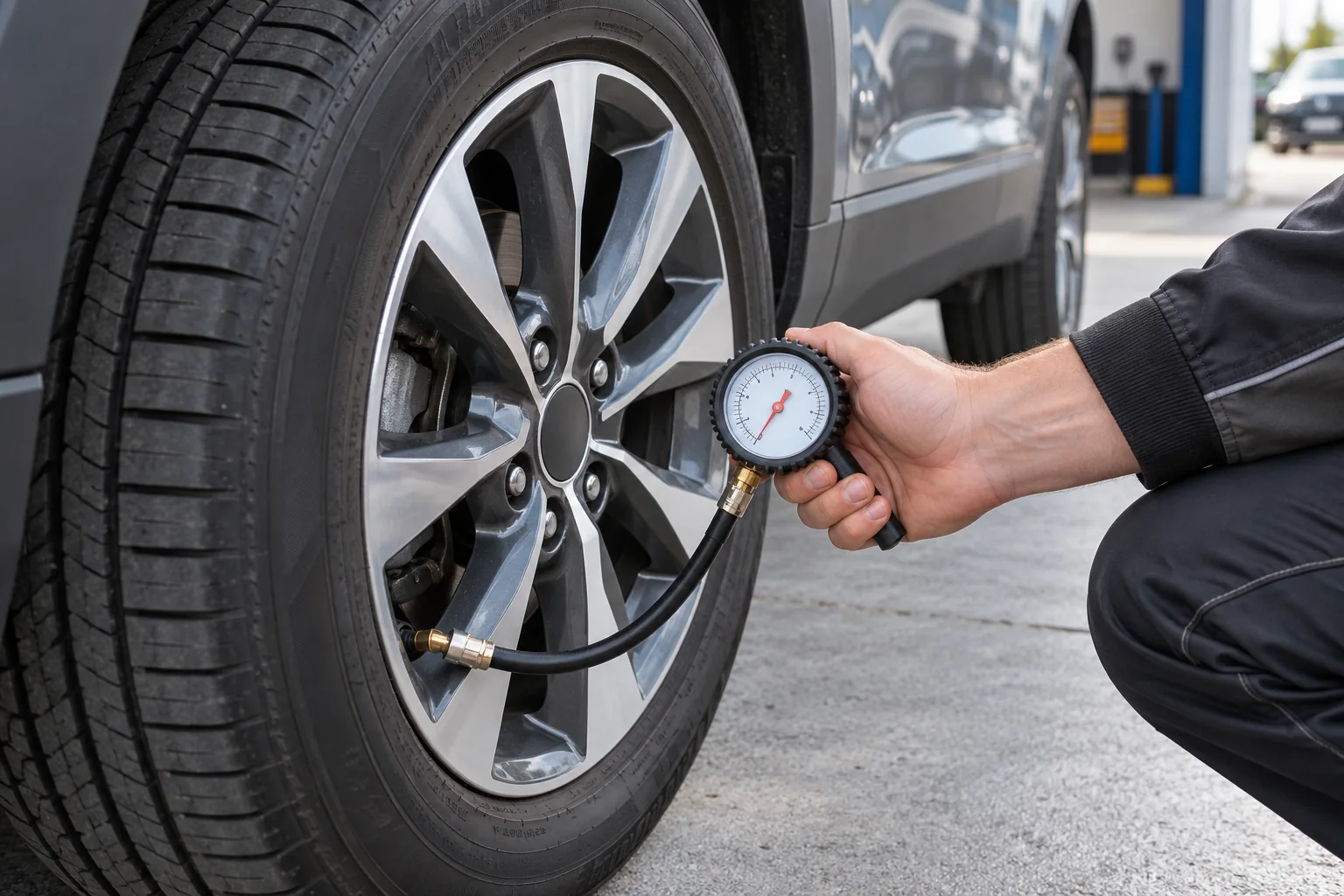 Pressure gauge connected to the tyre valve on a parked SUV