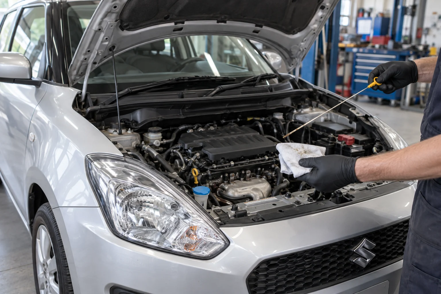 Technician checking the engine oil area on a Suzuki vehicle