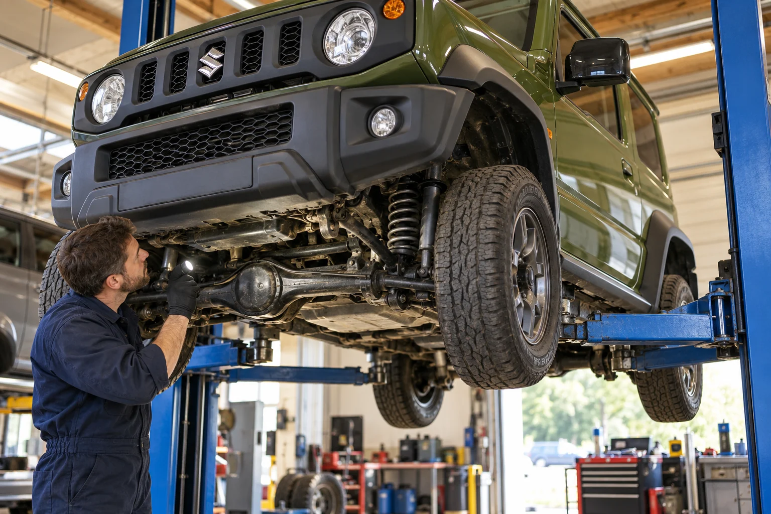Green Suzuki Jimny raised on a lift for an underbody inspection