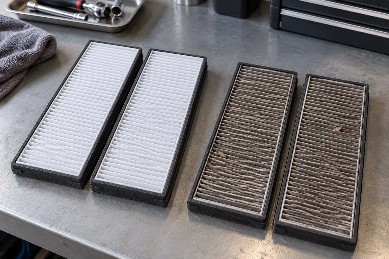 Clean and dusty cabin air filters placed side by side