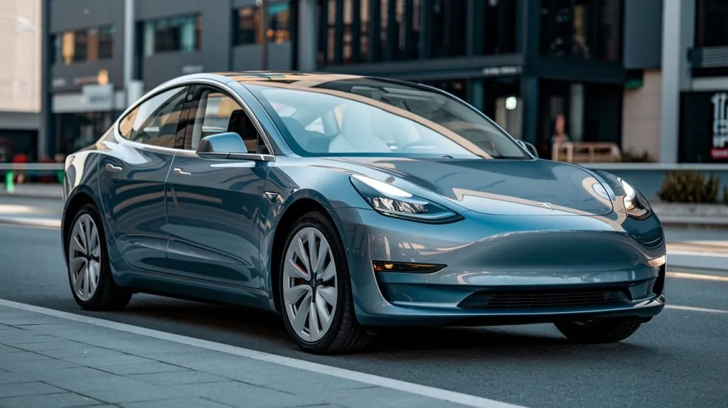 Blue Tesla Model 3 parked beside a pavement