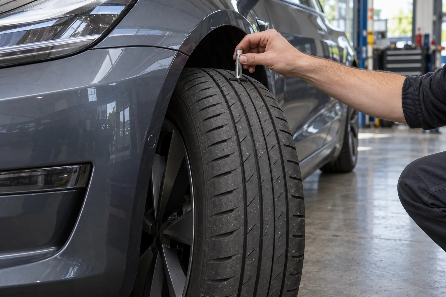 Tyre tread inspection on a parked electric car