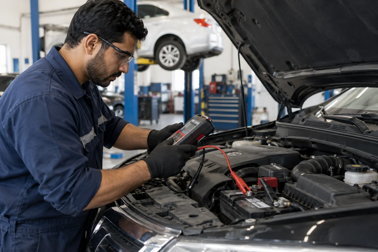 Technician using a tester connected to car battery terminals