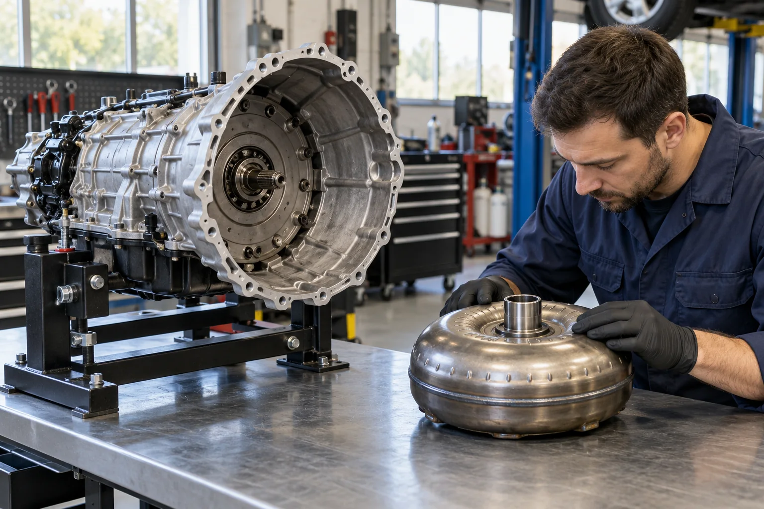 Technician checking a torque converter beside a supported transmission
