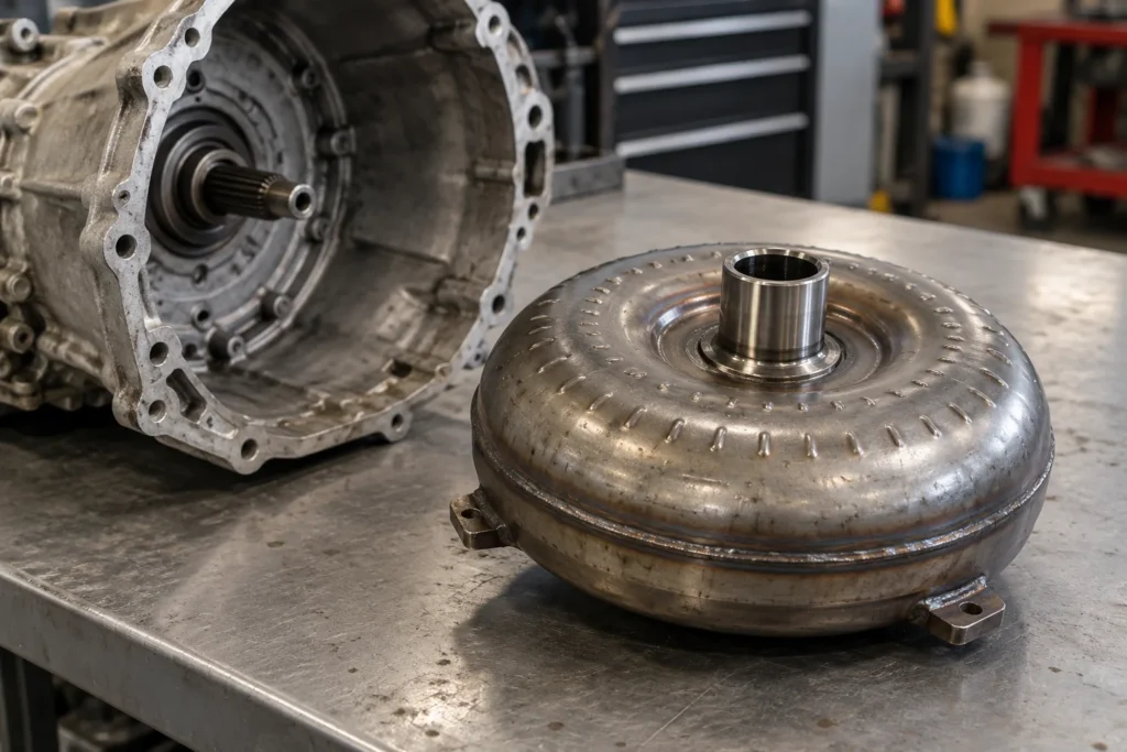 Sealed torque converter beside an automatic transmission bell housing