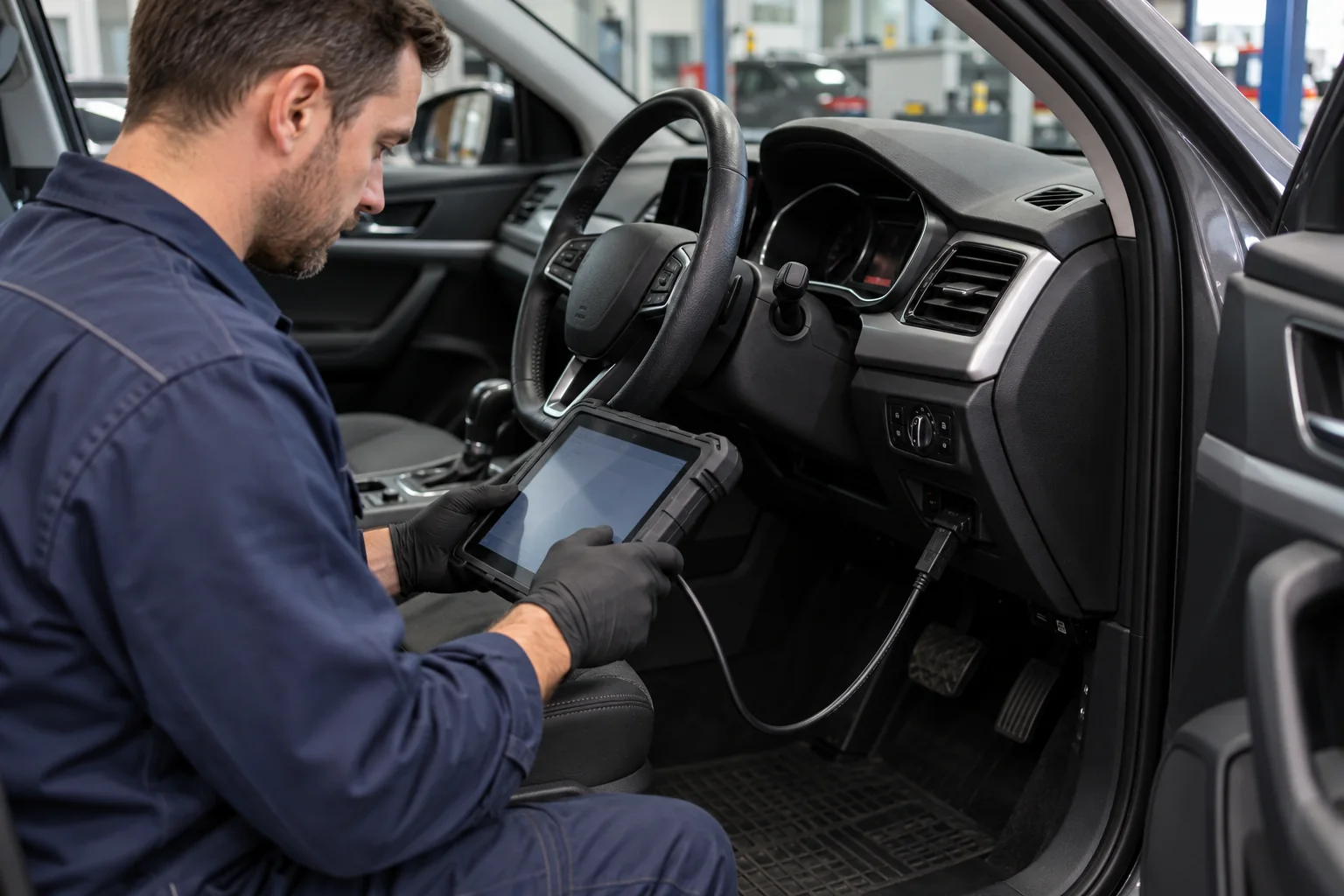 Technician reading diagnostic data inside a stationary car