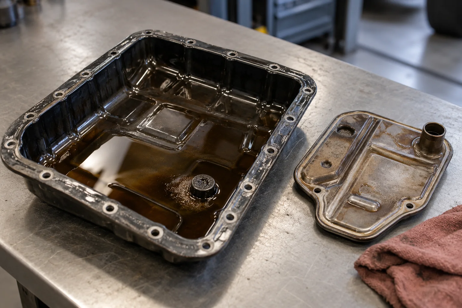 Removed automatic transmission pan and filter on a workshop bench