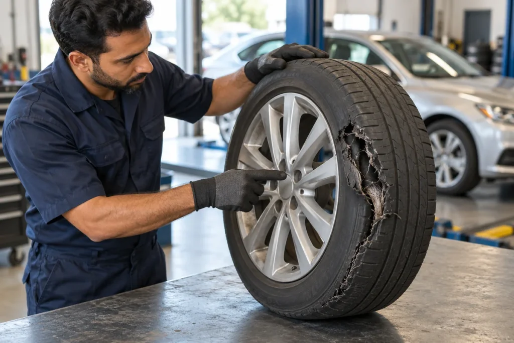 Mechanic inspecting a torn tyre sidewall on a wheel resting on a workshop bench