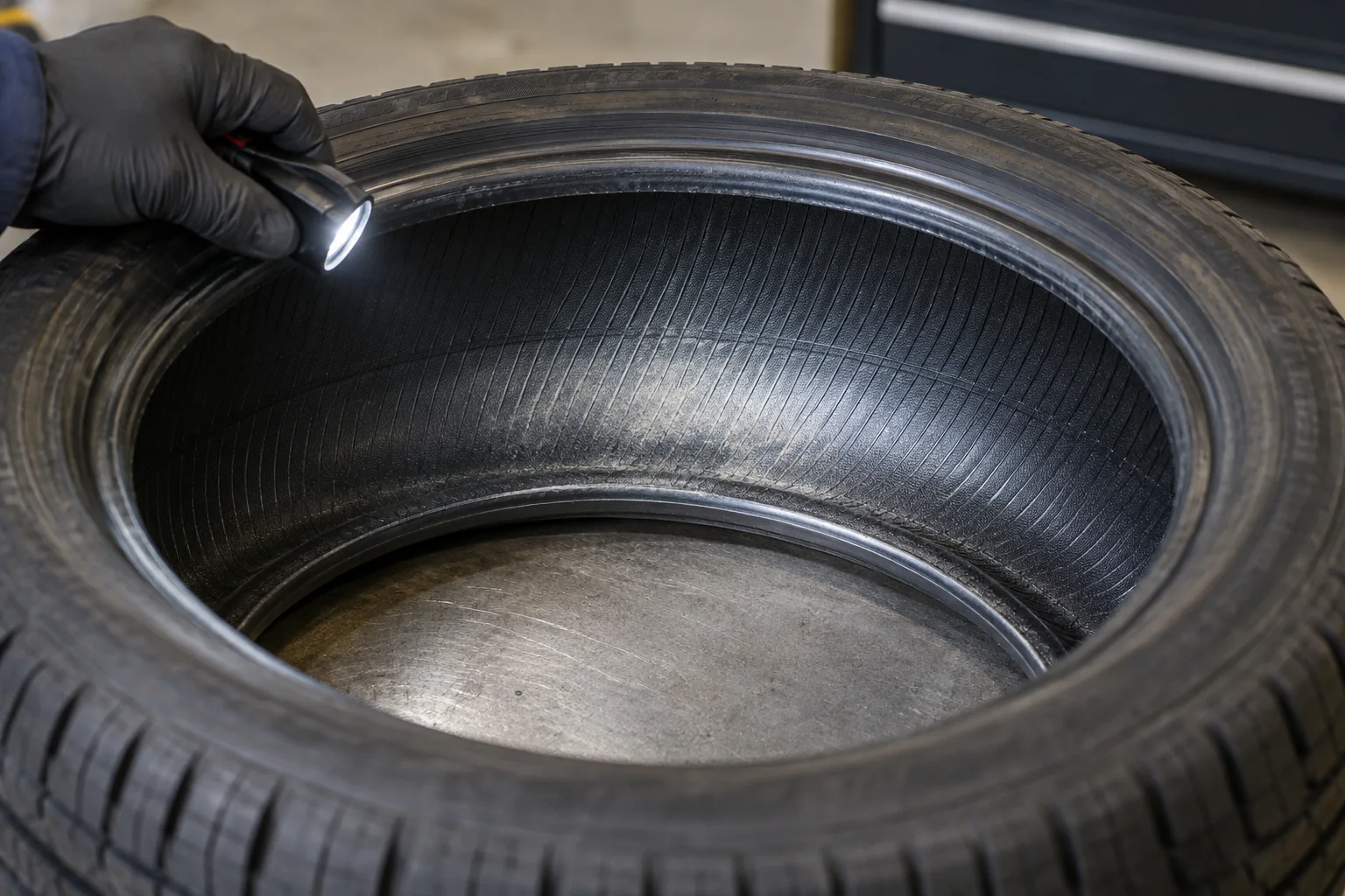 Light illuminating the inner liner of a tyre removed from its wheel