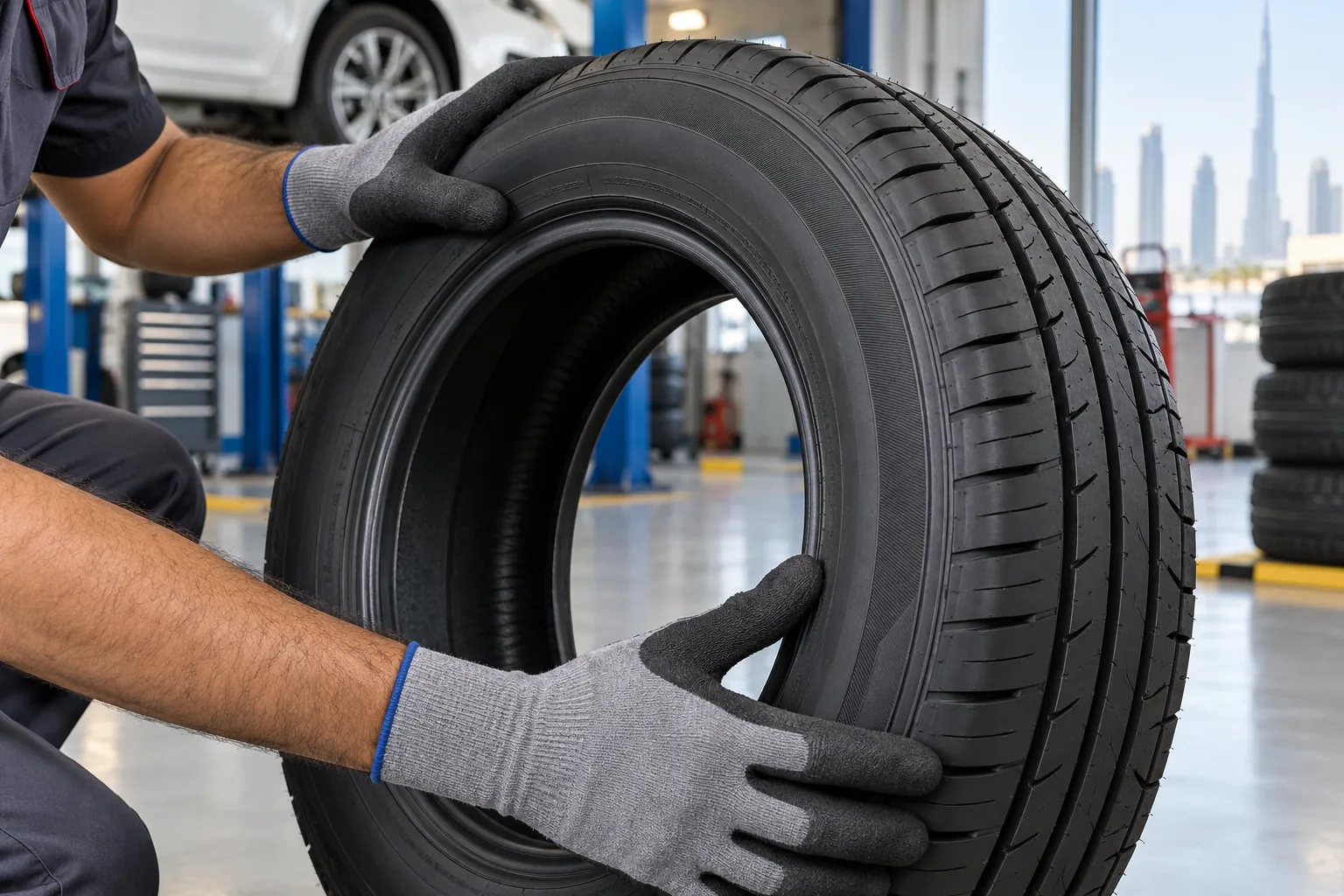 Technician inspecting the sidewall and bead of a new passenger car tyre