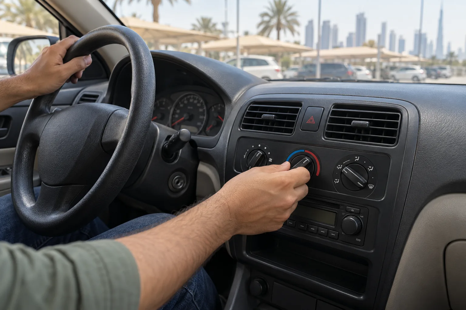 Driver adjusting physical air-conditioning controls in a parked compact car