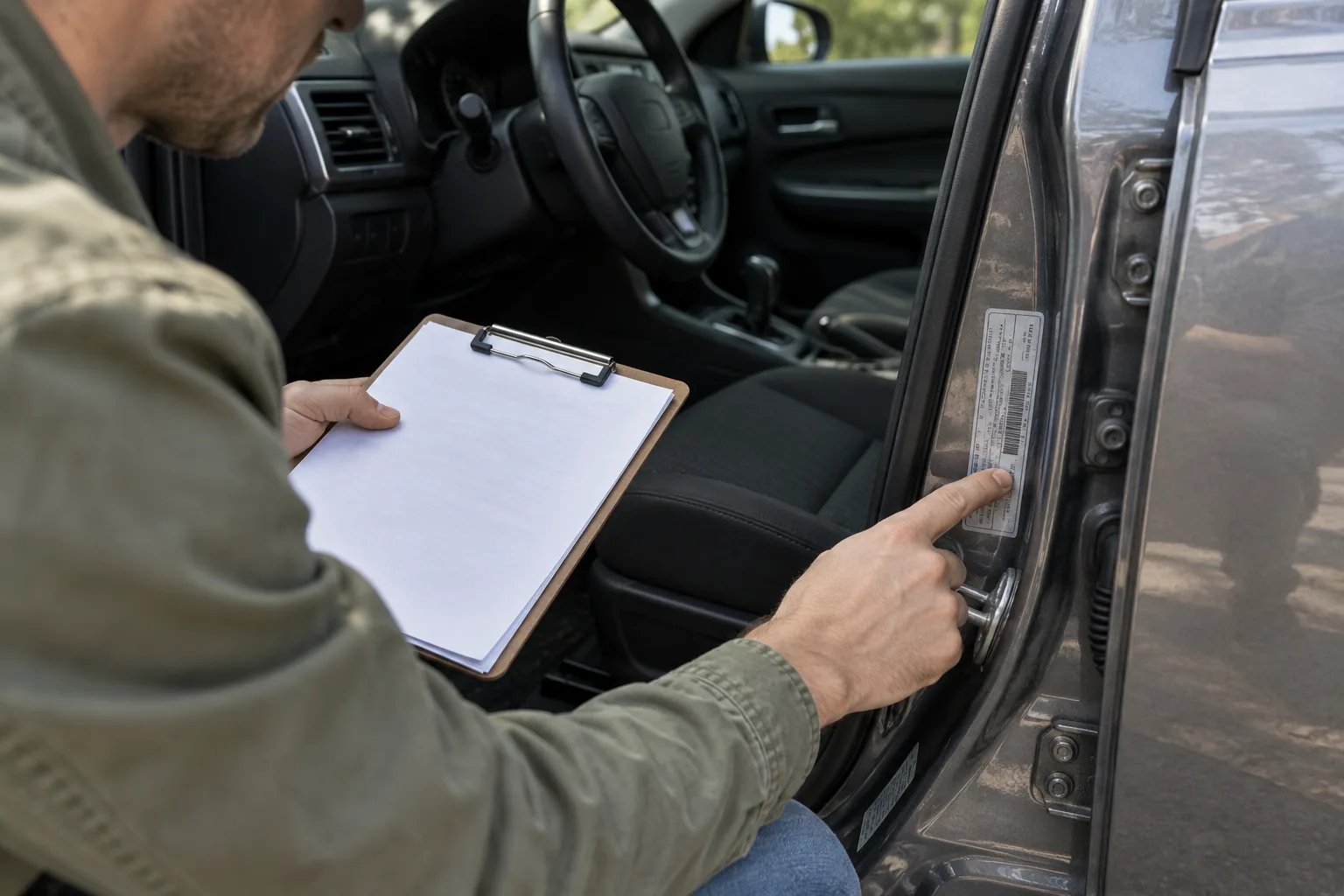 Buyer looking at a vehicle identity label beside an open driver door