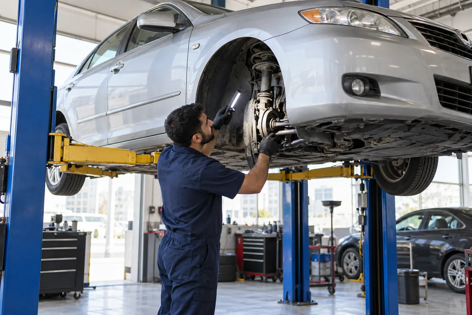 Mechanic checking accessible suspension components on a car raised on a workshop lift
