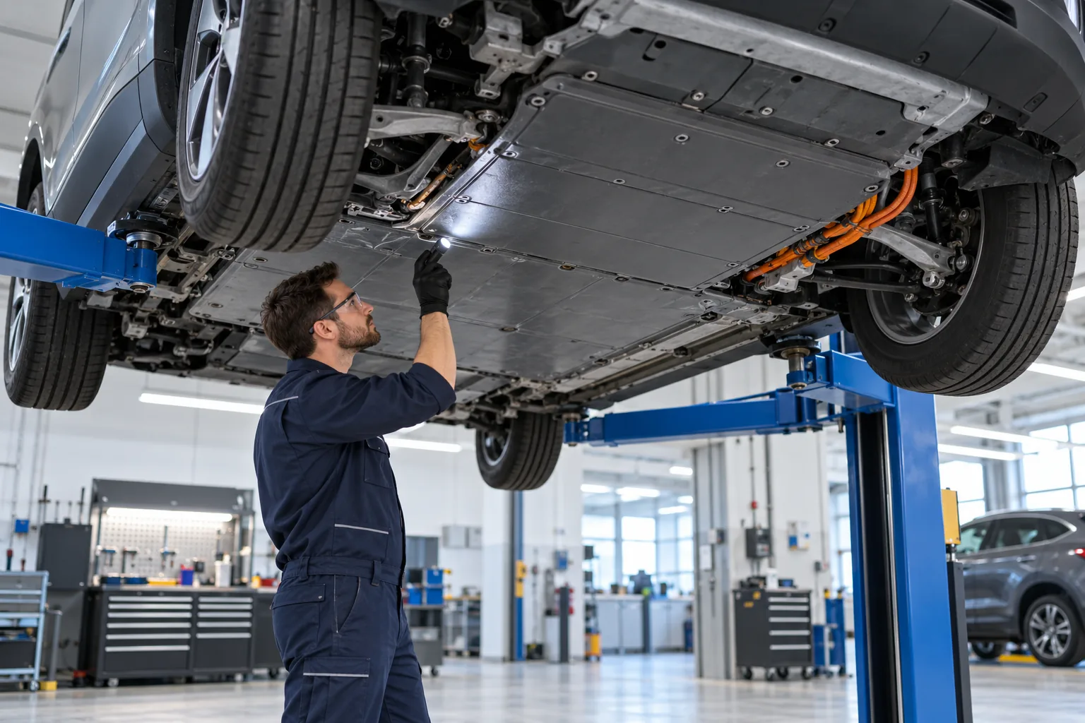 Technician inspecting protective underbody panels on an electric car raised on a lift