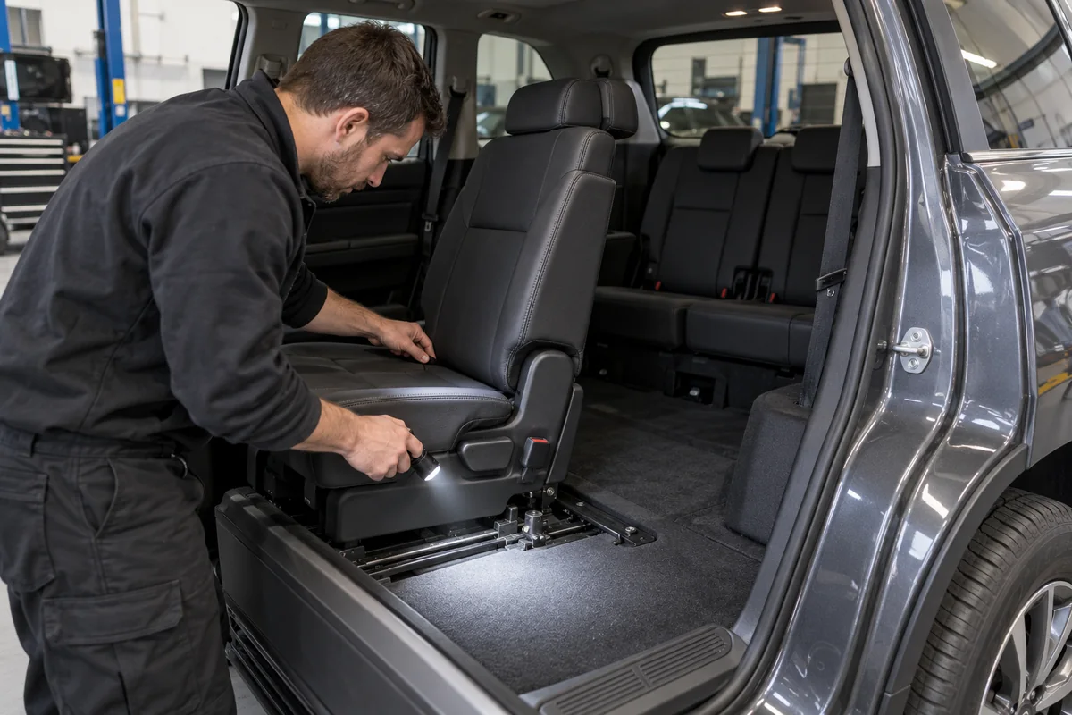 Technician checking a family SUV seat rail with a flashlight