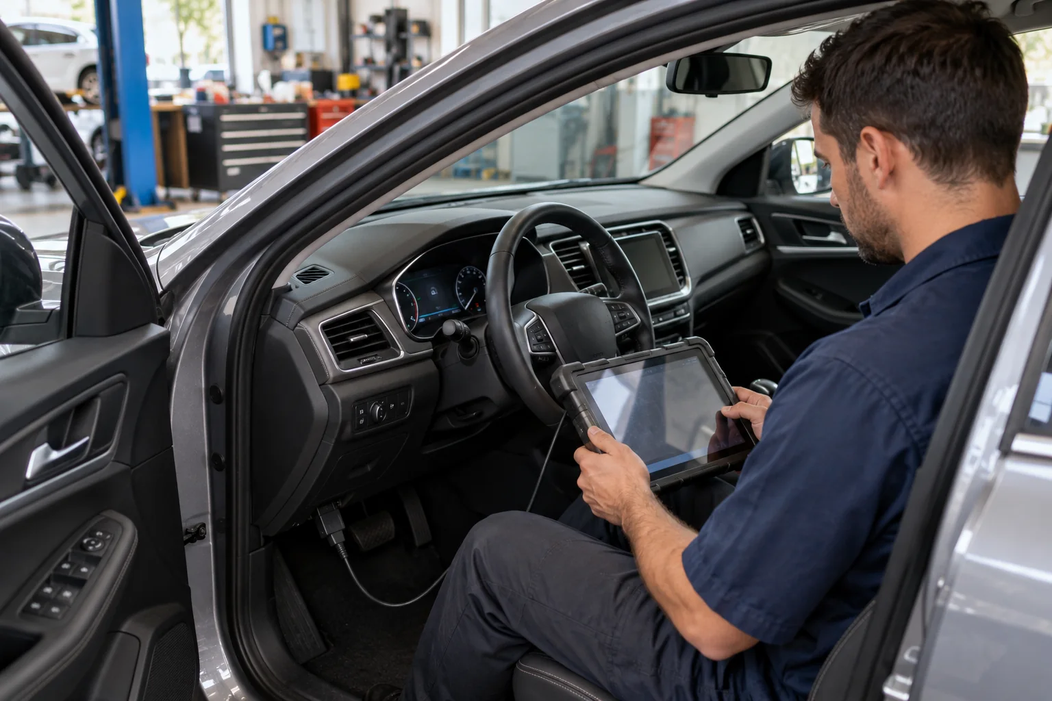 Technician reviewing diagnostic information in a used hybrid car