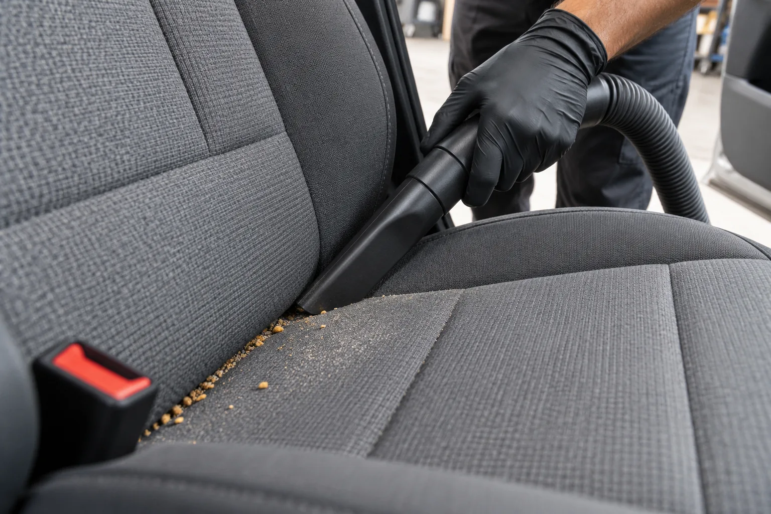 Smooth vacuum nozzle removing crumbs from a fabric car seat seam