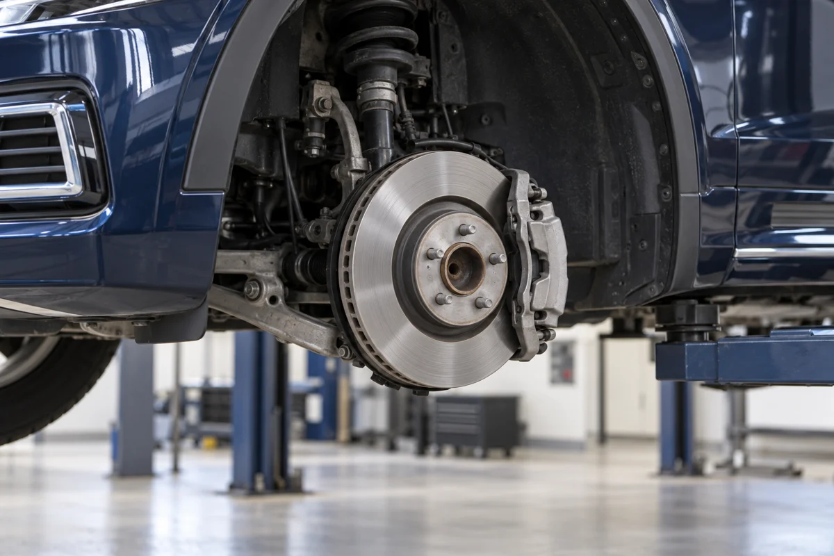 Vented front brake disc and caliper with the wheel removed