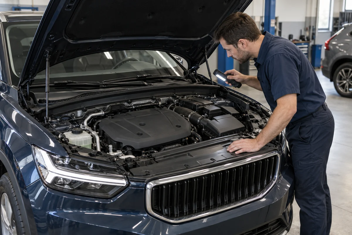Open bonnet and engine bay during an inspection