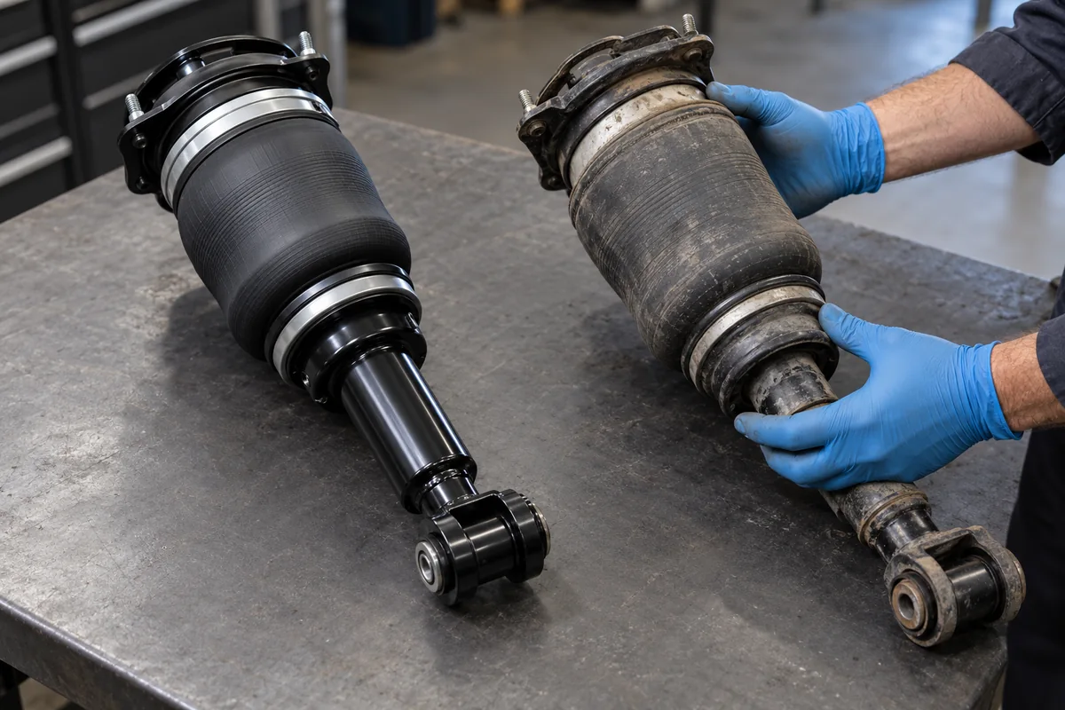 New and worn air suspension assemblies on a workbench