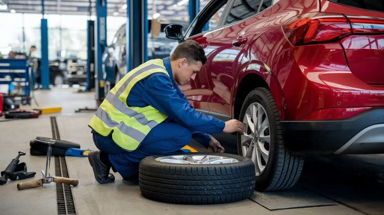 Technician fitting a road wheel to a vehicle in a workshop