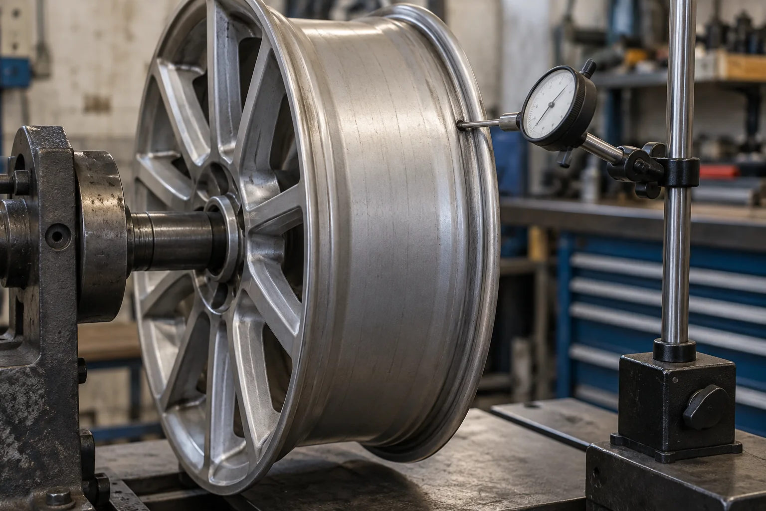 Dial indicator positioned against a wheel mounted on an inspection spindle