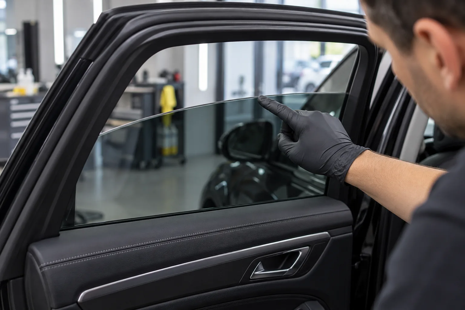 Installer inspecting the top edge of film on a partly lowered car window