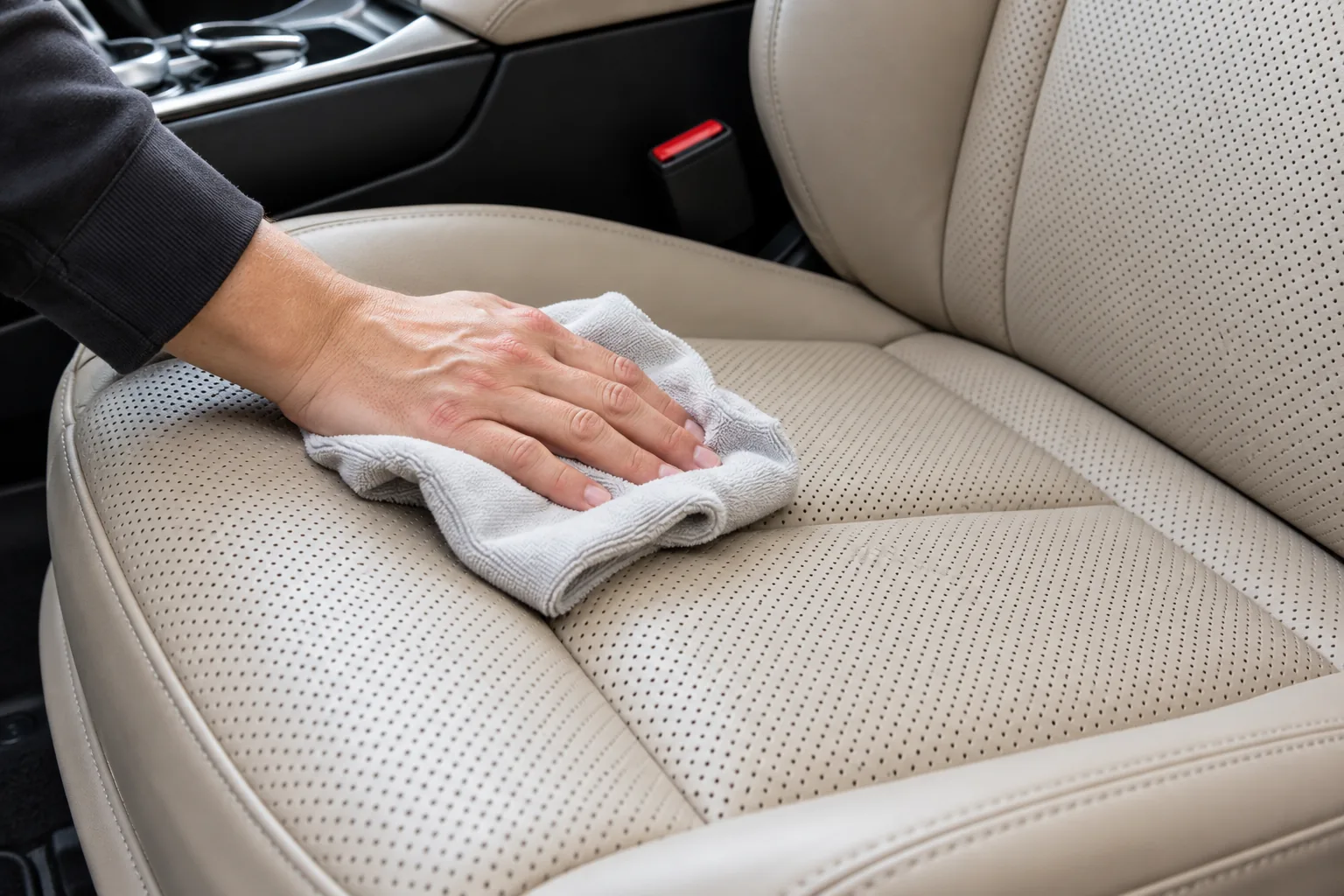 Hand wiping a beige perforated car seat with a soft cloth
