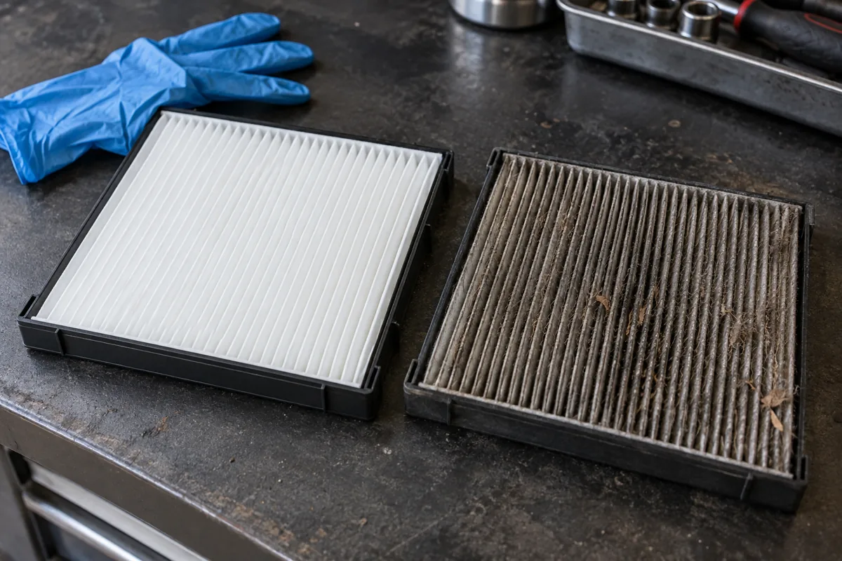 Clean and used cabin air filters shown side by side