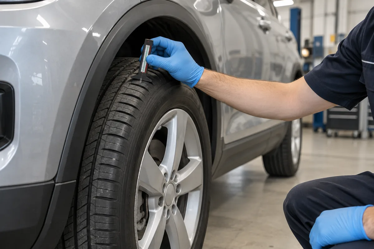 Technician inspecting tyre tread condition in a workshop